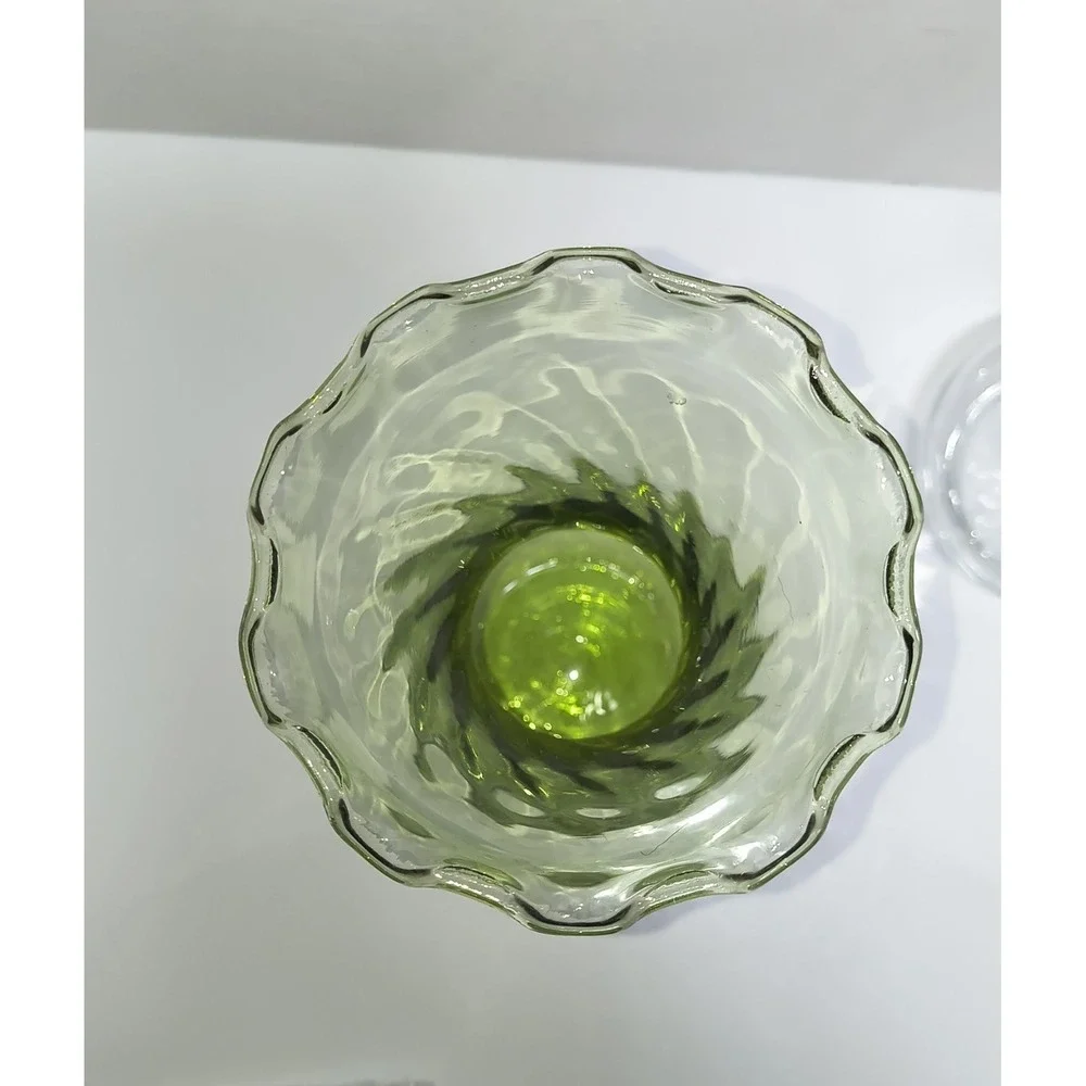 Blown Glass Flower Vase Set Green Ruffled Fluted Rim Optic Swirl & Clear Slender